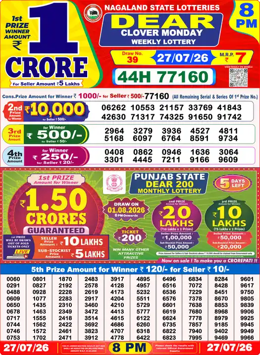 Dear Lottery Result Yesterday 8 PM 27 July 2026
