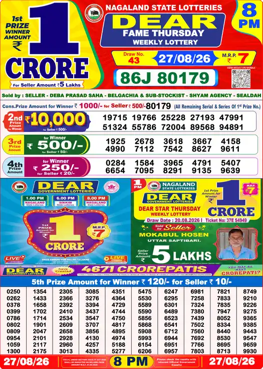 Dear Lottery Result Yesterday 8 PM 27 August 2026