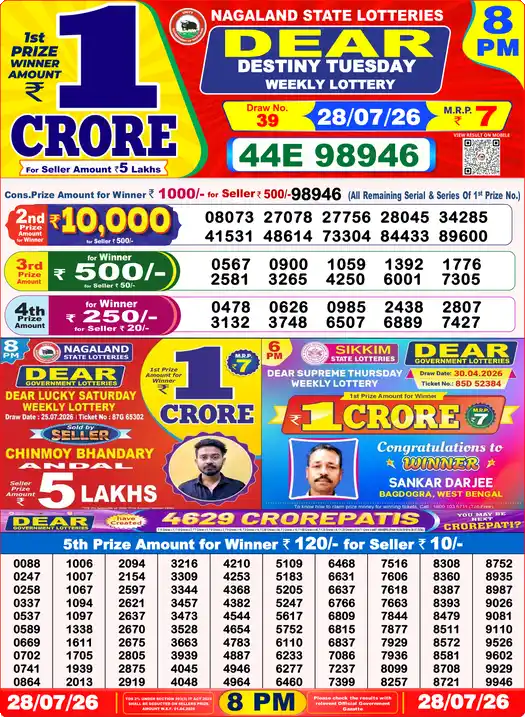 Dear Lottery Result Yesterday 8 PM 28 July 2026