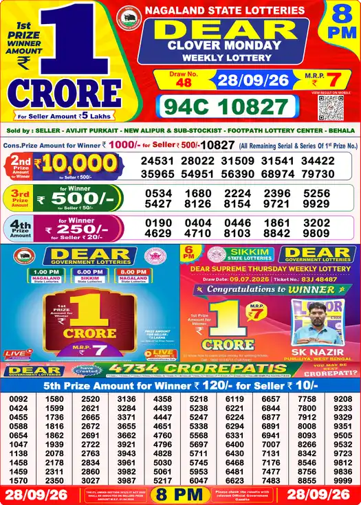 Dear Lottery Result 8:00 PM 28/09/26