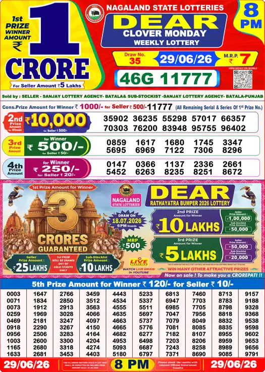 Dear Lottery Result Today 8 PM 29 June 2026