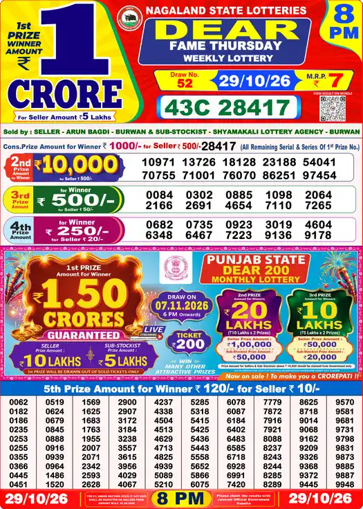 Dear Lottery Result 8 PM 29 October 2026