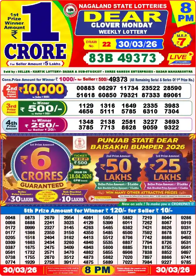 Lottery Sambad 30.03.26 Dear Lottery 8 PM March 30, 2026