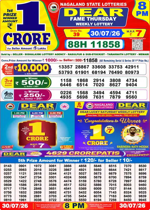 Dear Lottery Result Yesterday 8 PM 30 July 2026