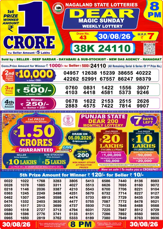 Dear Lottery Result Yesterday 8 PM 30 August 2026