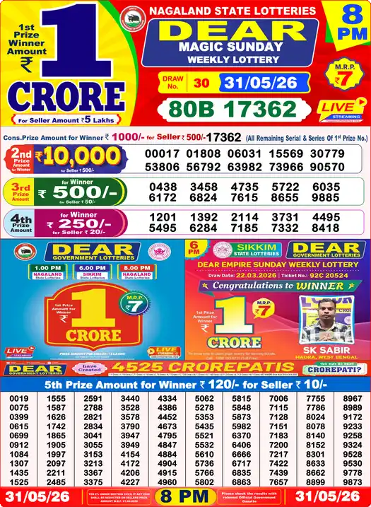 Dear Lottery Result Today 8 PM 31 May 2026