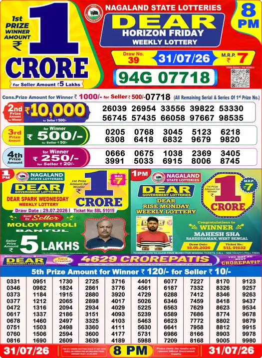 Dear Lottery Result Yesterday 8 PM 31 July 2026