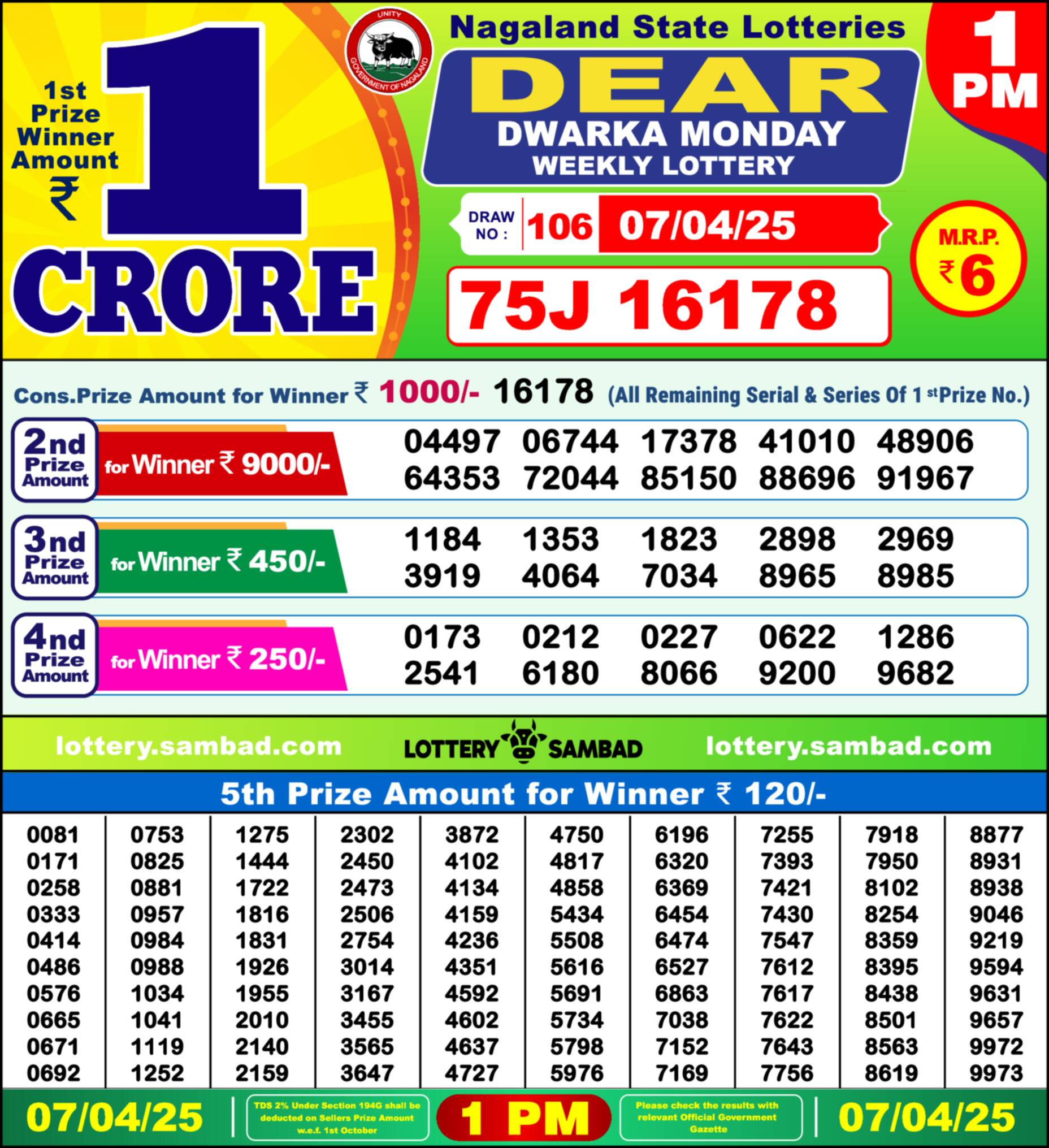 Lottery Sambad 07.04.25 Dear Lottery 1 PM April 07, 2025