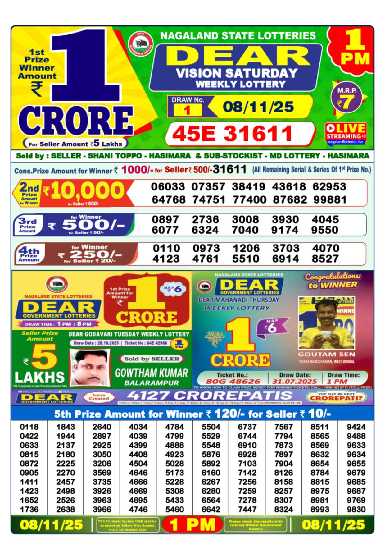 Lottery Sambad 08.11.25 Dear Lottery 1 PM November 08, 2025