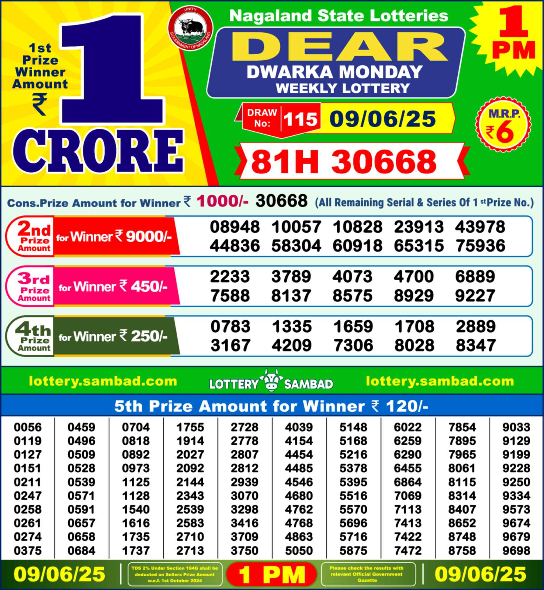 Lottery Sambad 09.06.25 Dear Lottery 1 PM June 09, 2025