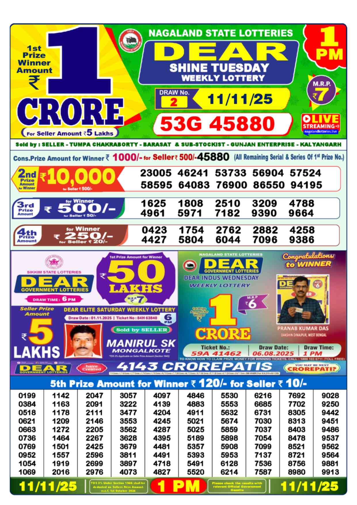 Lottery Sambad 11.11.25 Dear Lottery 1 PM November 11, 2025