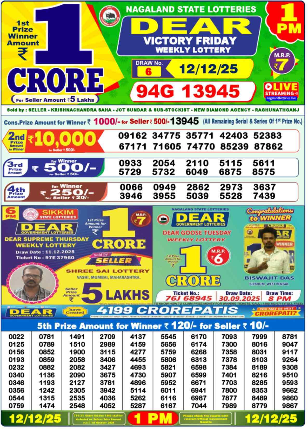 Dear Lottery Result Today 1 PM 13 December 2025