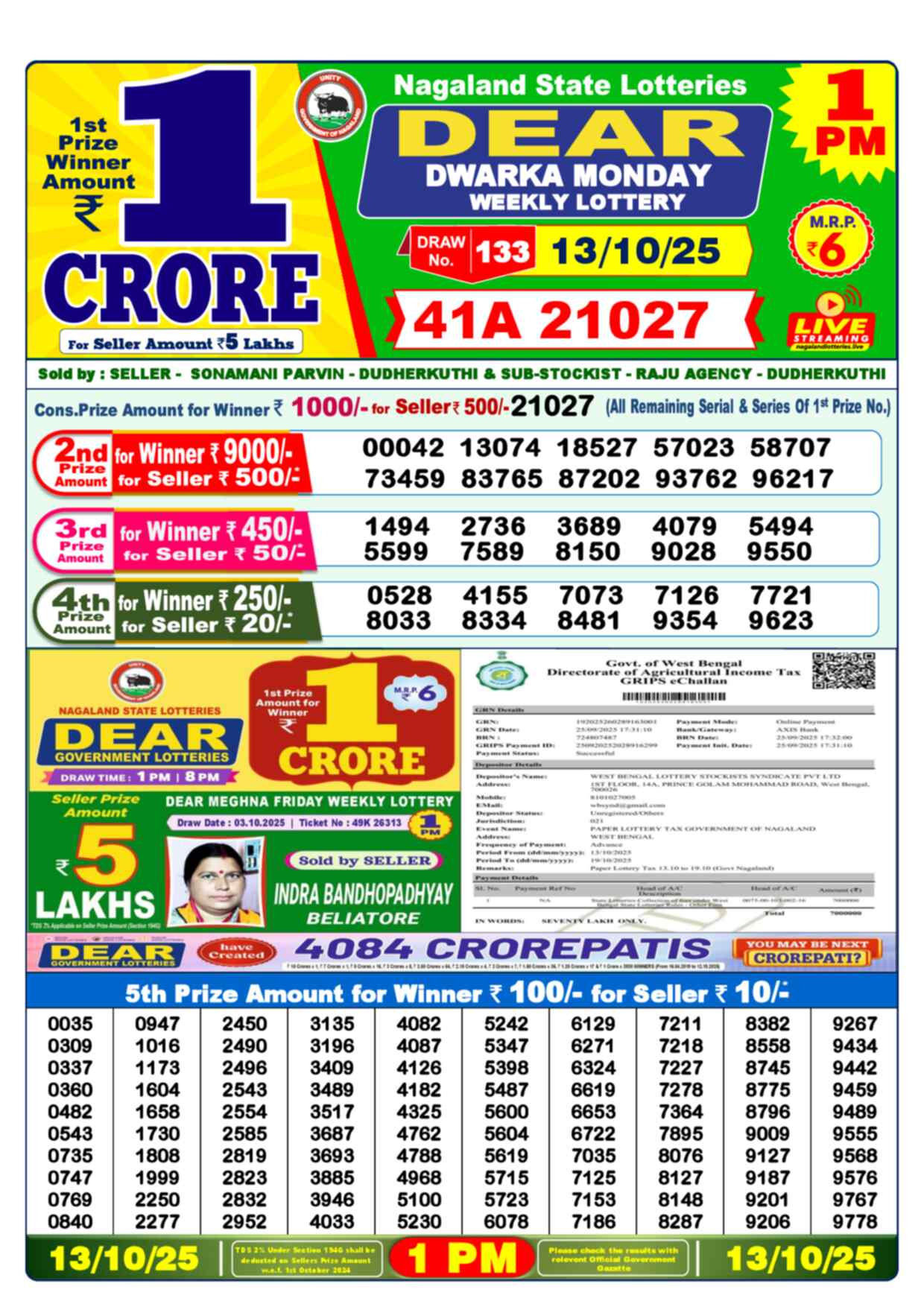 Lottery Sambad 13.10.25 Dear Lottery 1 PM October 13, 2025