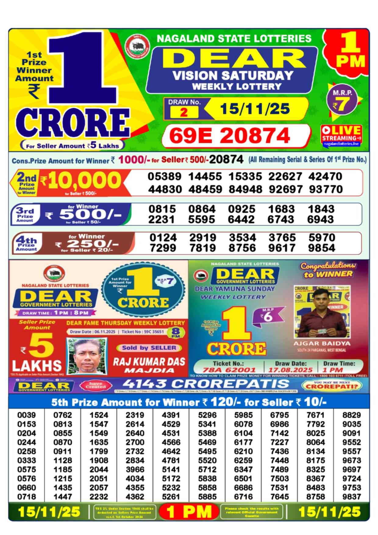 Lottery Sambad 15.11.25 Dear Lottery 1 PM November 15, 2025