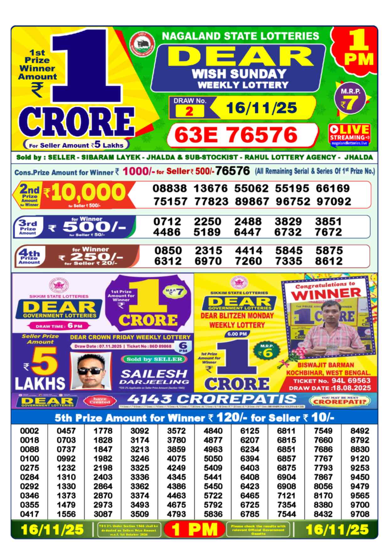 Dear Lottery Sambad Result 1:00 PM Yesterday 16 November 2025