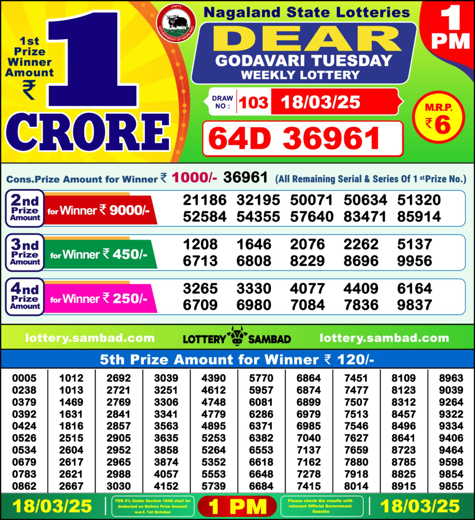Lottery Sambad 18.03.25 Dear Lottery 1 PM March 18, 2025