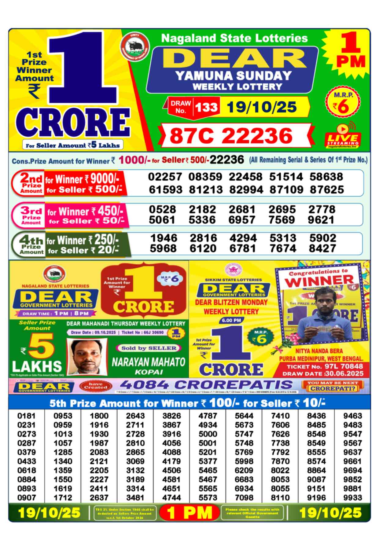 Lottery Sambad 19.10.25 Dear Lottery 1 PM October 19, 2025