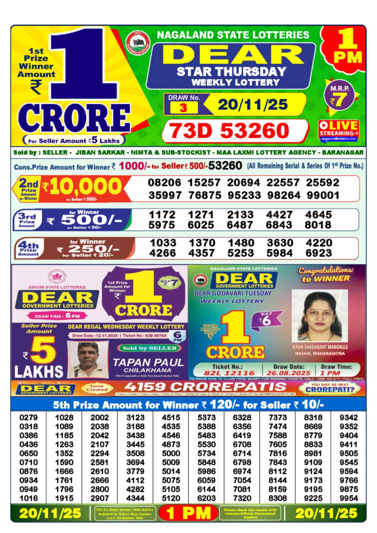 Lottery Sambad 20.11.25 Dear Lottery 1 PM November 20, 2025