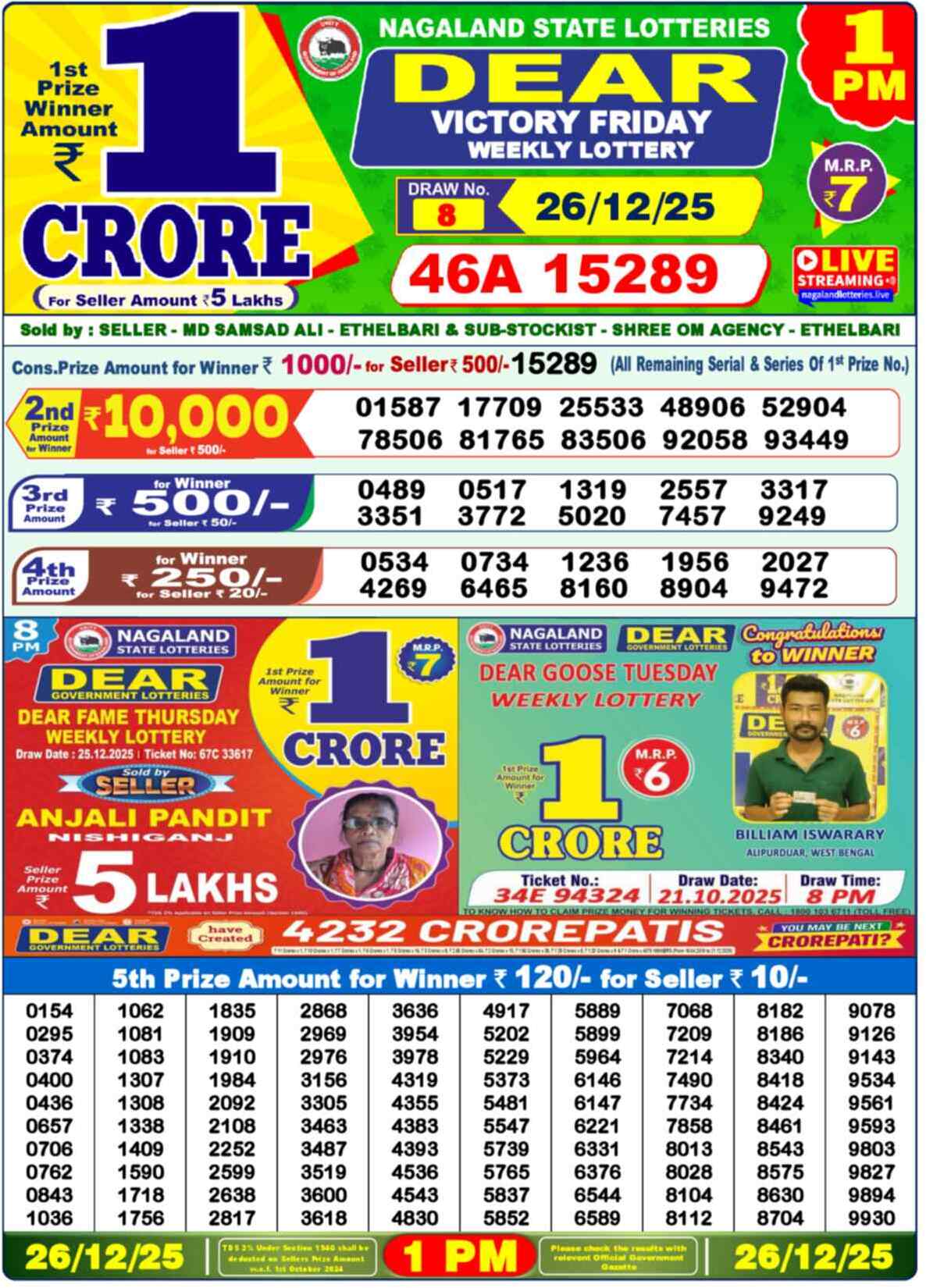 Yesterday Dear Lottery Sambad Result 1:00 PM 26 December 2025
