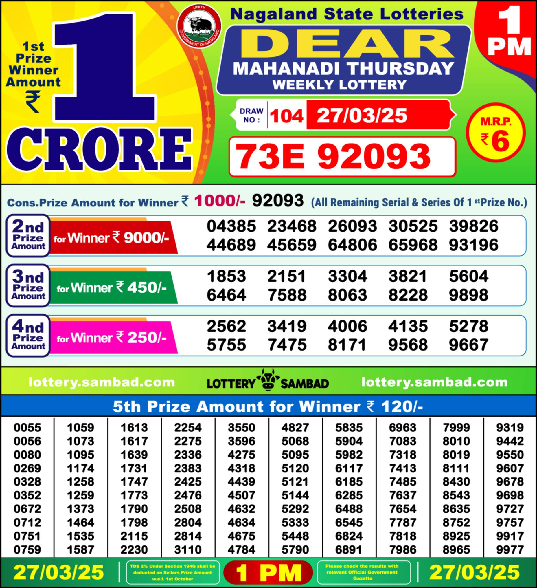 Lottery Sambad 27.03.25 Dear Lottery 1 PM March 27, 2025