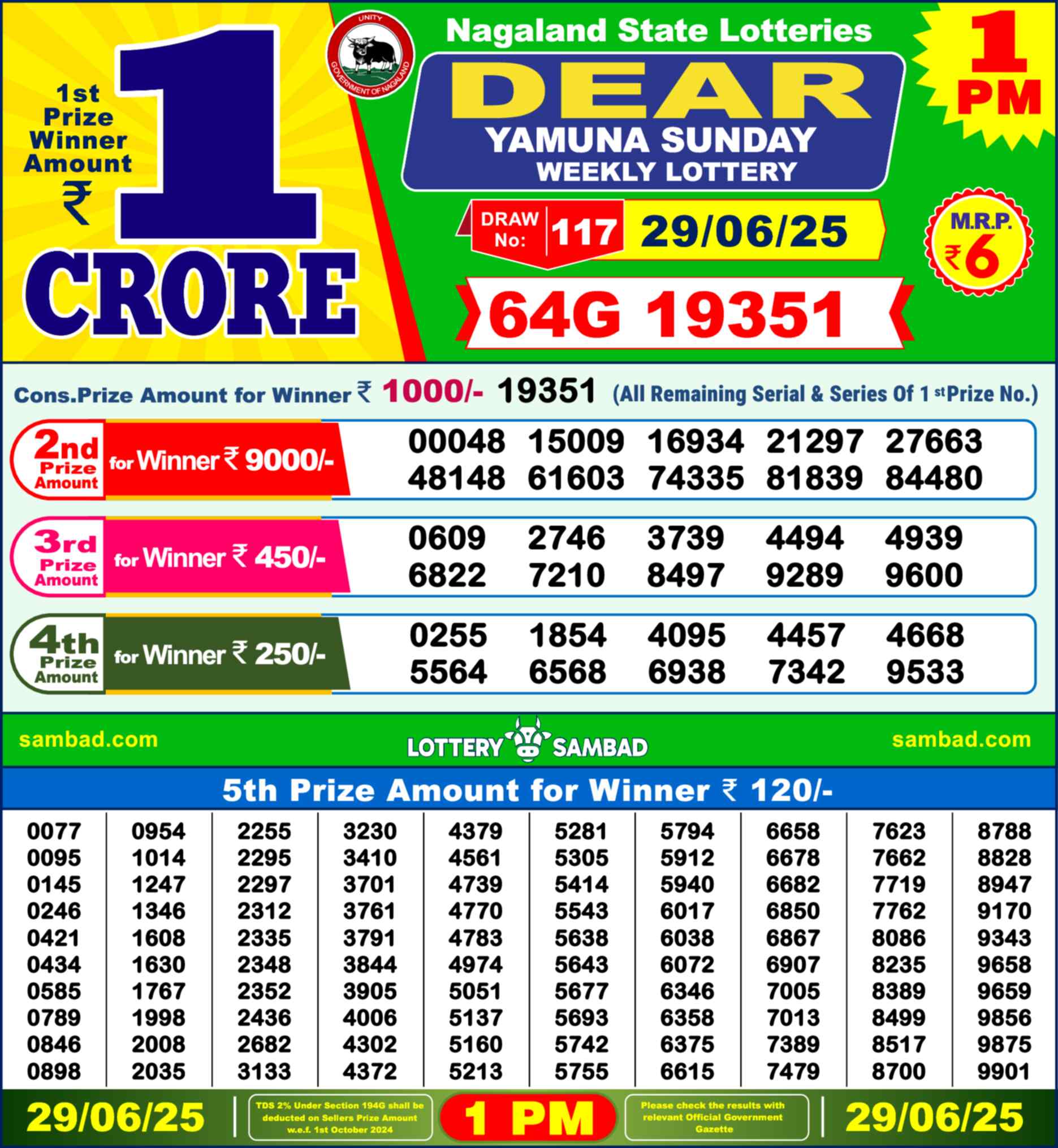 Dear Lottery Result Today 1pm 29 June 2025