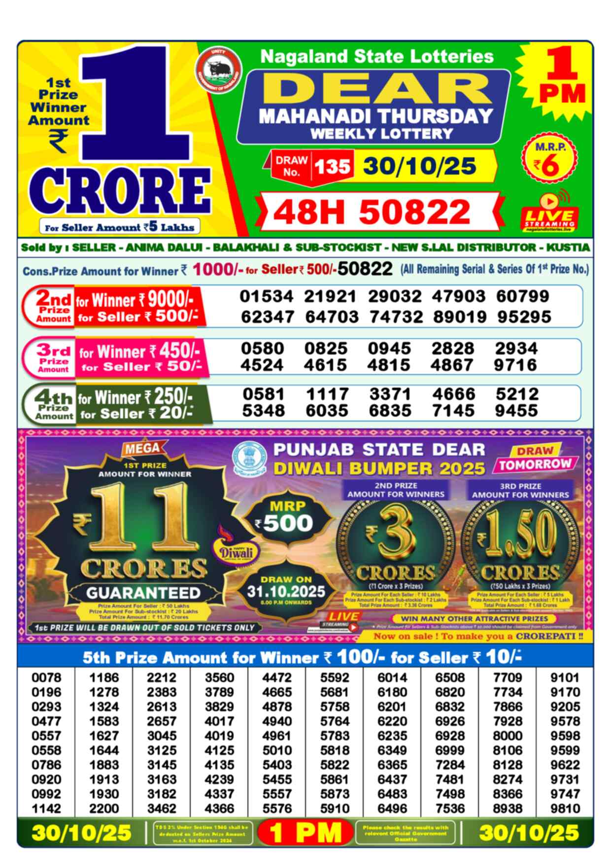 Lottery Sambad 30.10.25 Dear Lottery 1 PM October 30, 2025