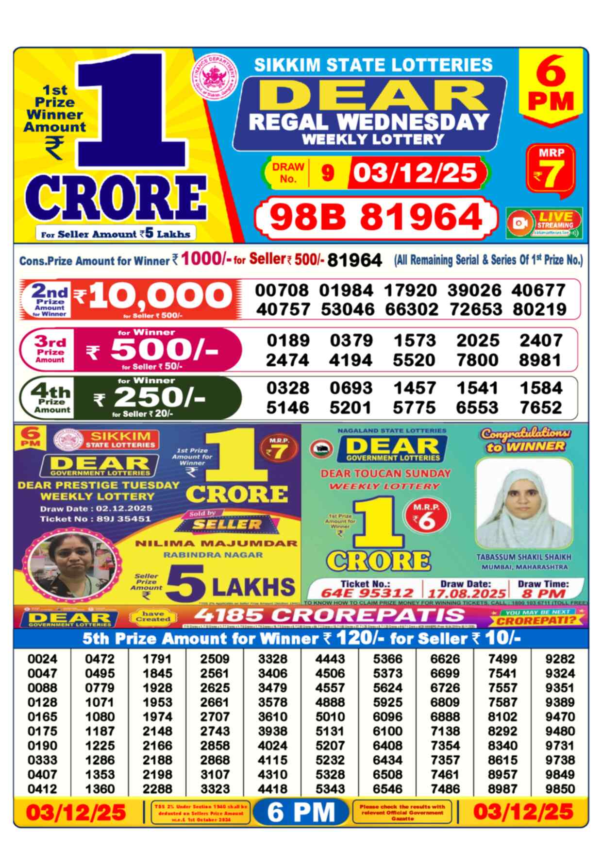 Lottery Sambad 03.12.25 Dear Lottery 6 PM December 03, 2025