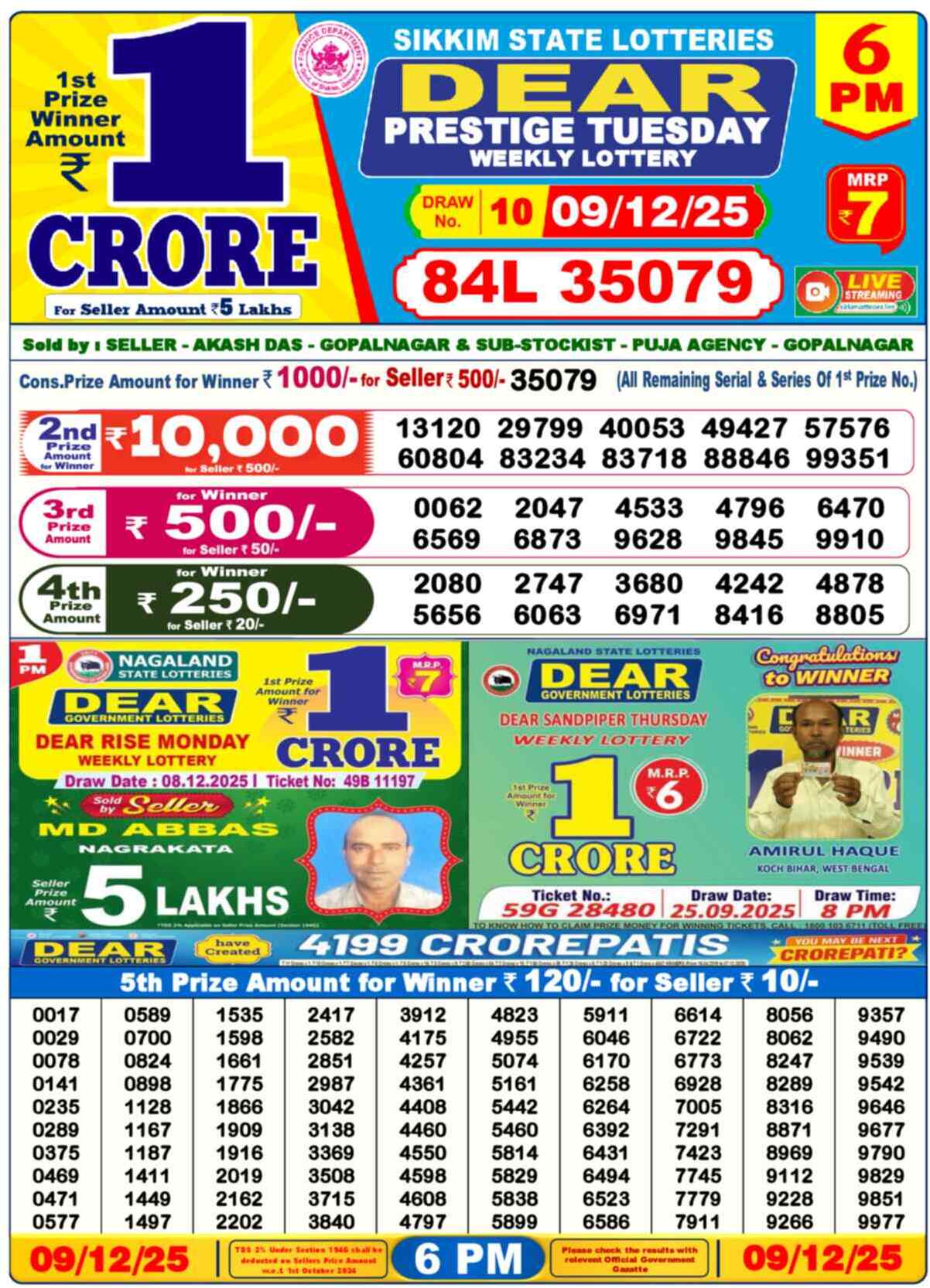 Lottery Sambad 09.12.25 Dear Lottery 6 PM December 09, 2025