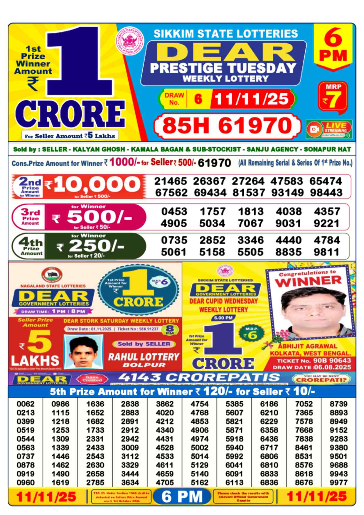 Lottery Sambad 11.11.25 Dear Lottery 6 PM November 11, 2025