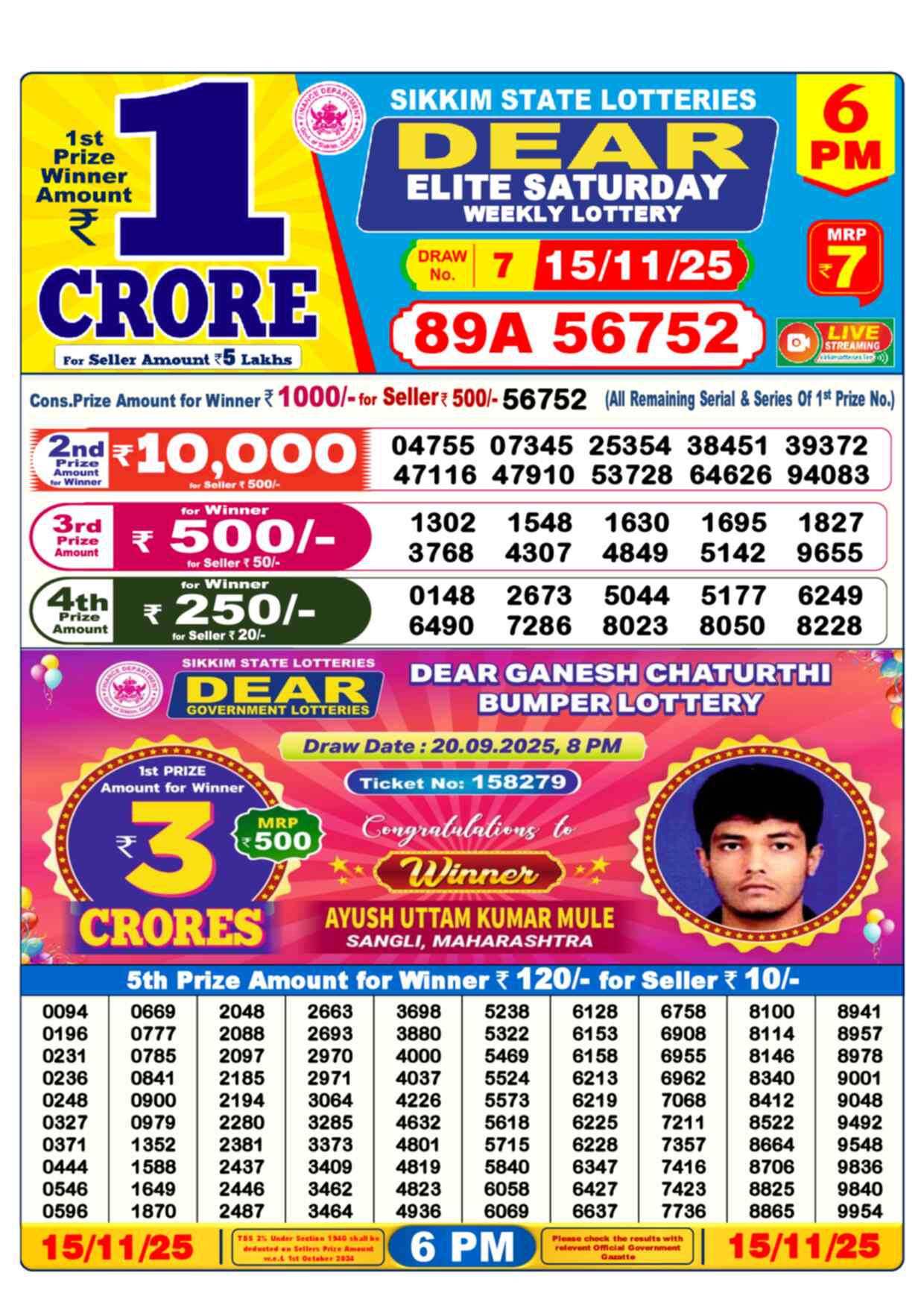Lottery Sambad 15.11.25 Dear Lottery 6 PM November 15, 2025