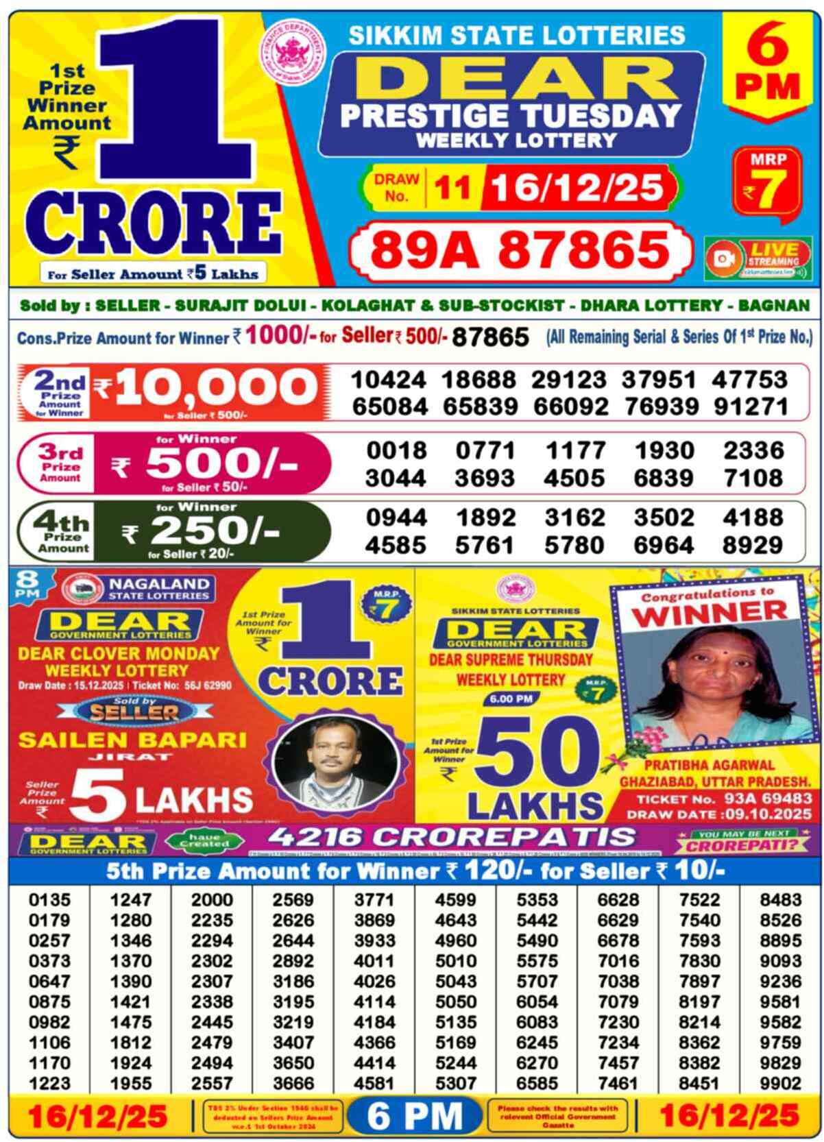 Lottery Sambad 16.12.25 Dear Lottery 6 PM December 16, 2025
