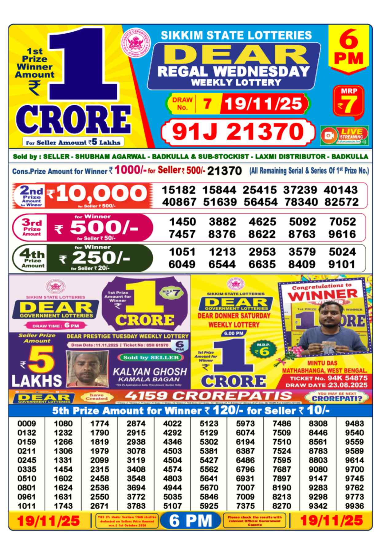 Lottery Sambad 19.11.25 Dear Lottery 6 PM November 19, 2025