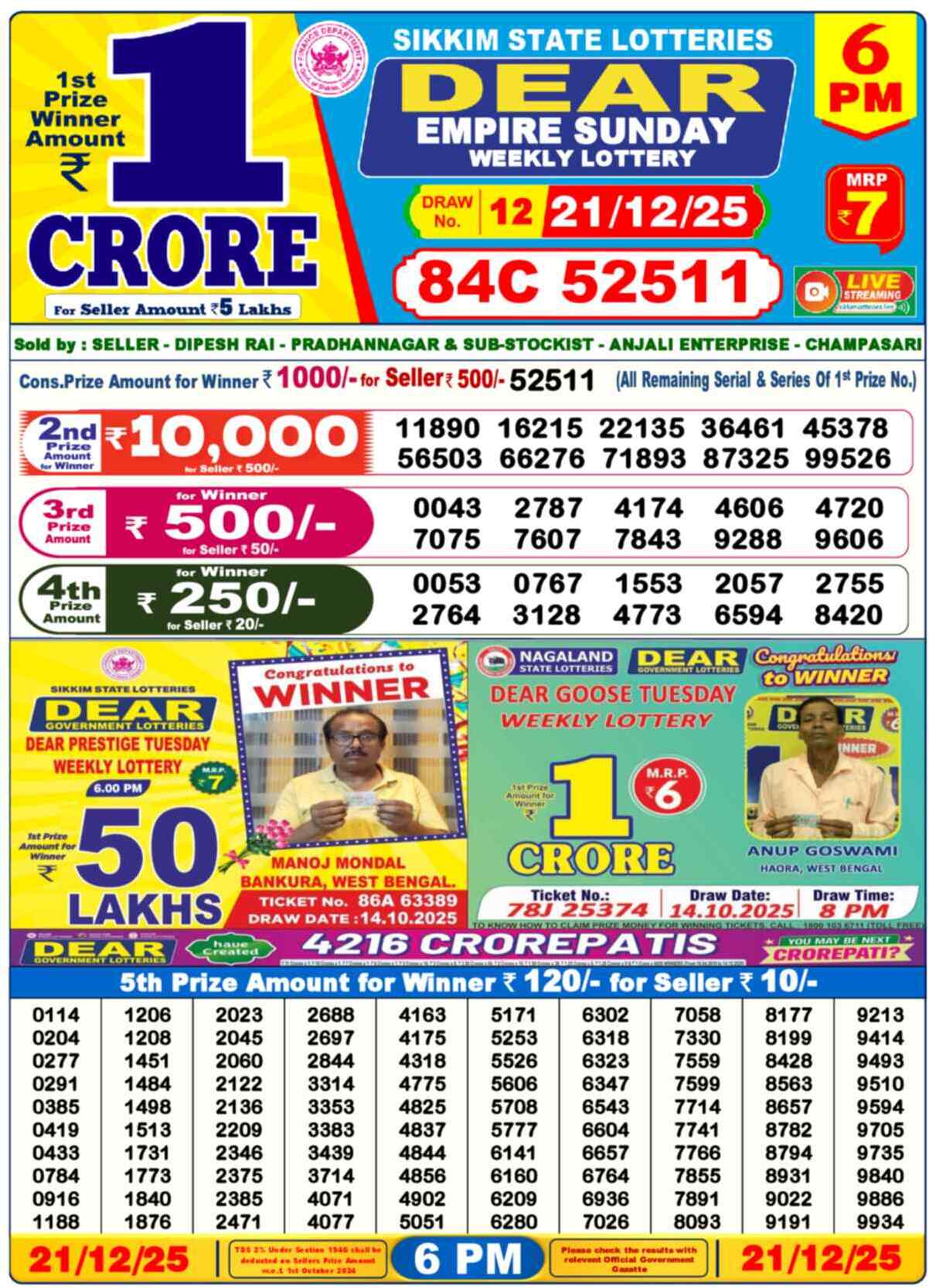 Lottery Sambad 21.12.25 Dear Lottery 6 PM December 21, 2025