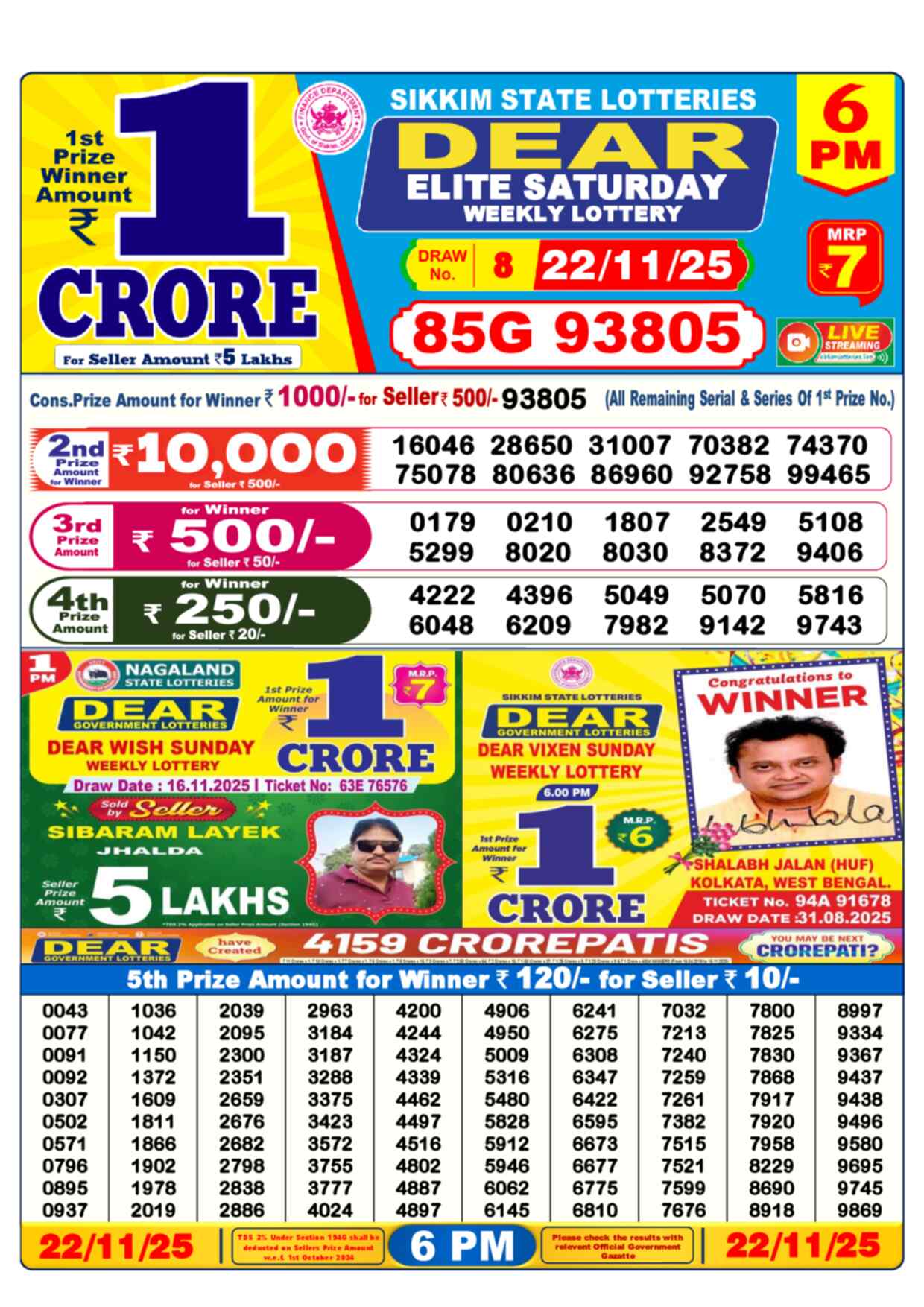 Lottery Sambad 22.11.25 Dear Lottery 6 PM November 22, 2025