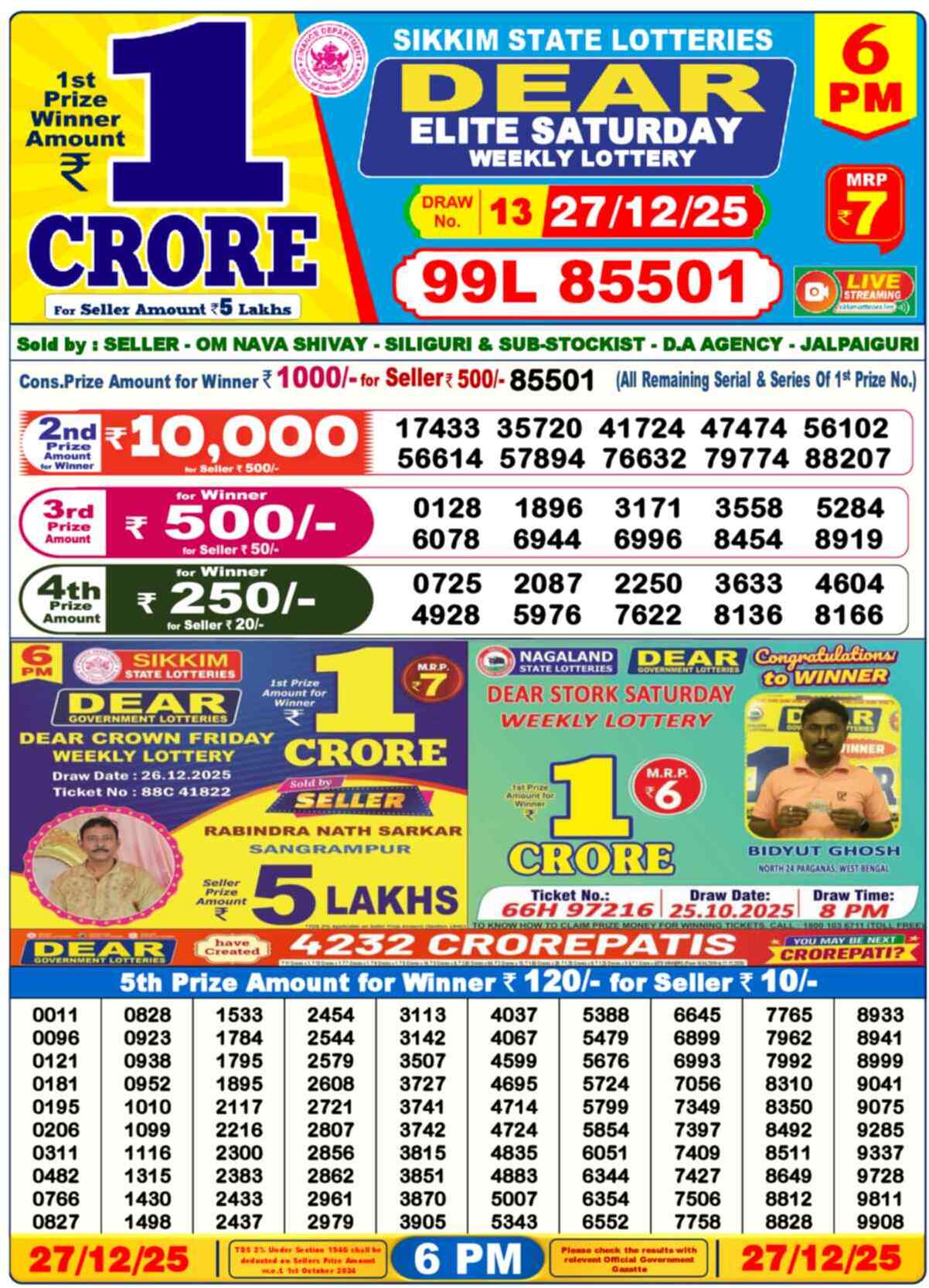 Lottery Sambad 27.12.25 Dear Lottery 6 PM December 27, 2025