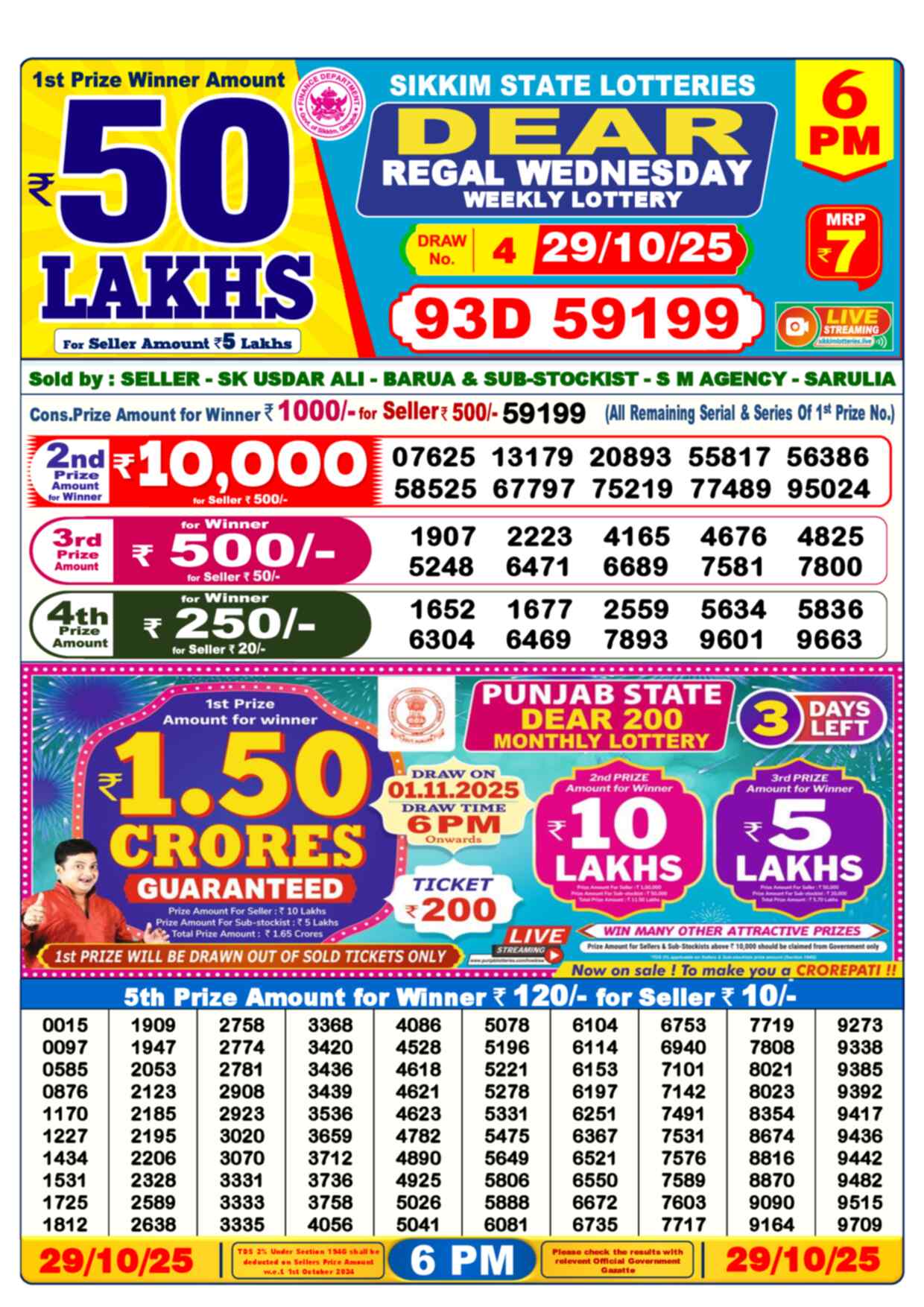 Lottery Sambad 29.10.25 Dear Lottery 6 PM October 29, 2025