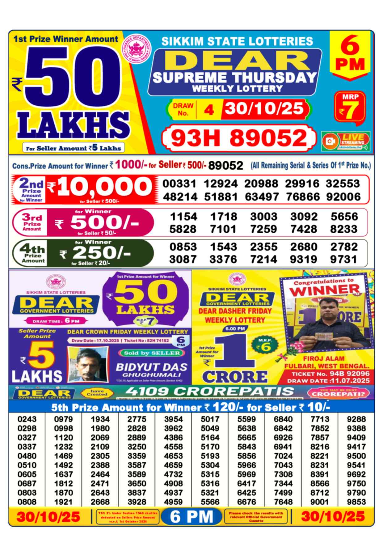 Lottery Sambad 30.10.25 Dear Lottery 6 PM October 30, 2025