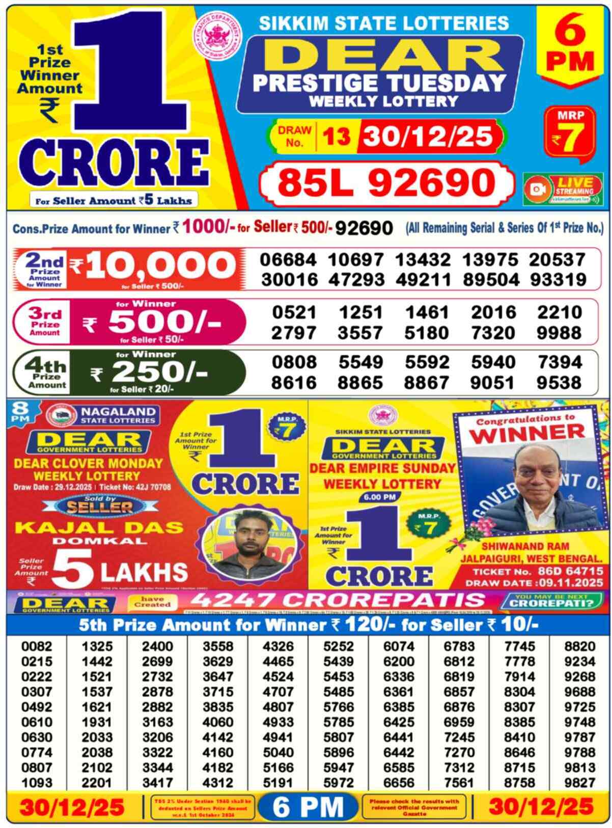 Lottery Sambad 30.12.25 Dear Lottery 6 PM December 30, 2025
