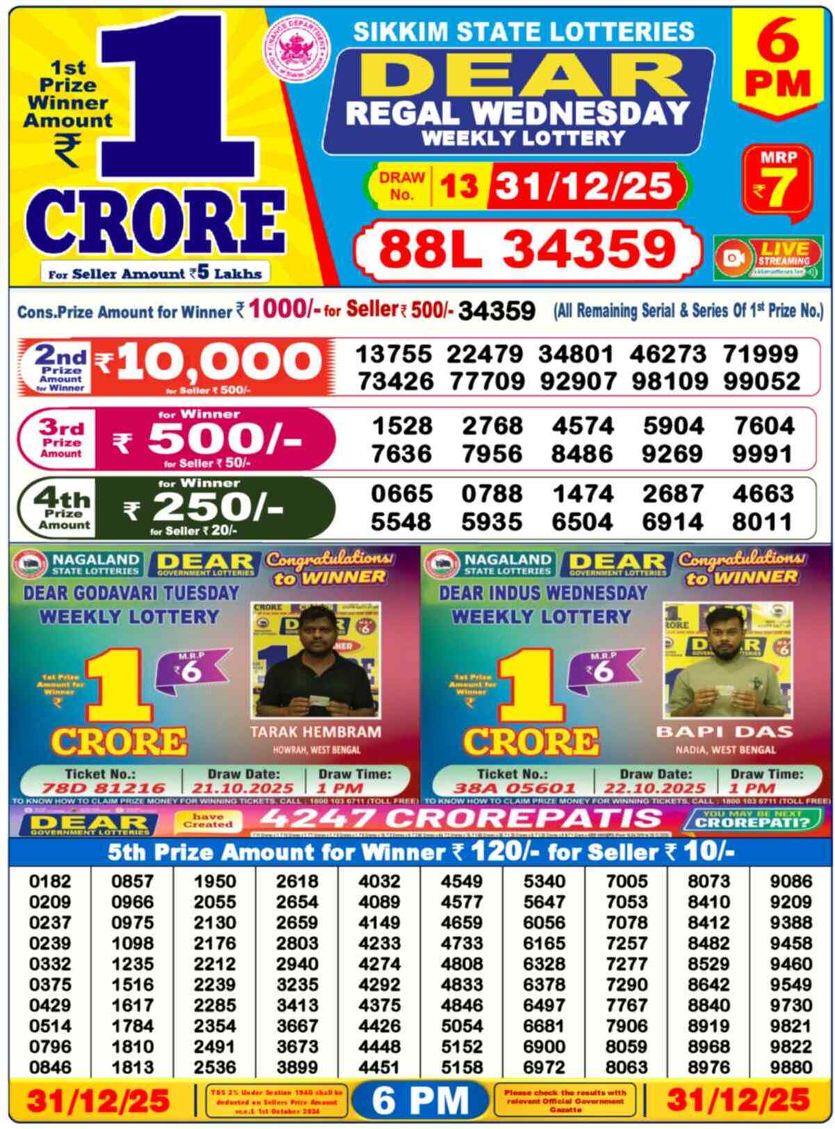 Lottery Sambad 31.12.25 Dear Lottery 6 PM December 31, 2025