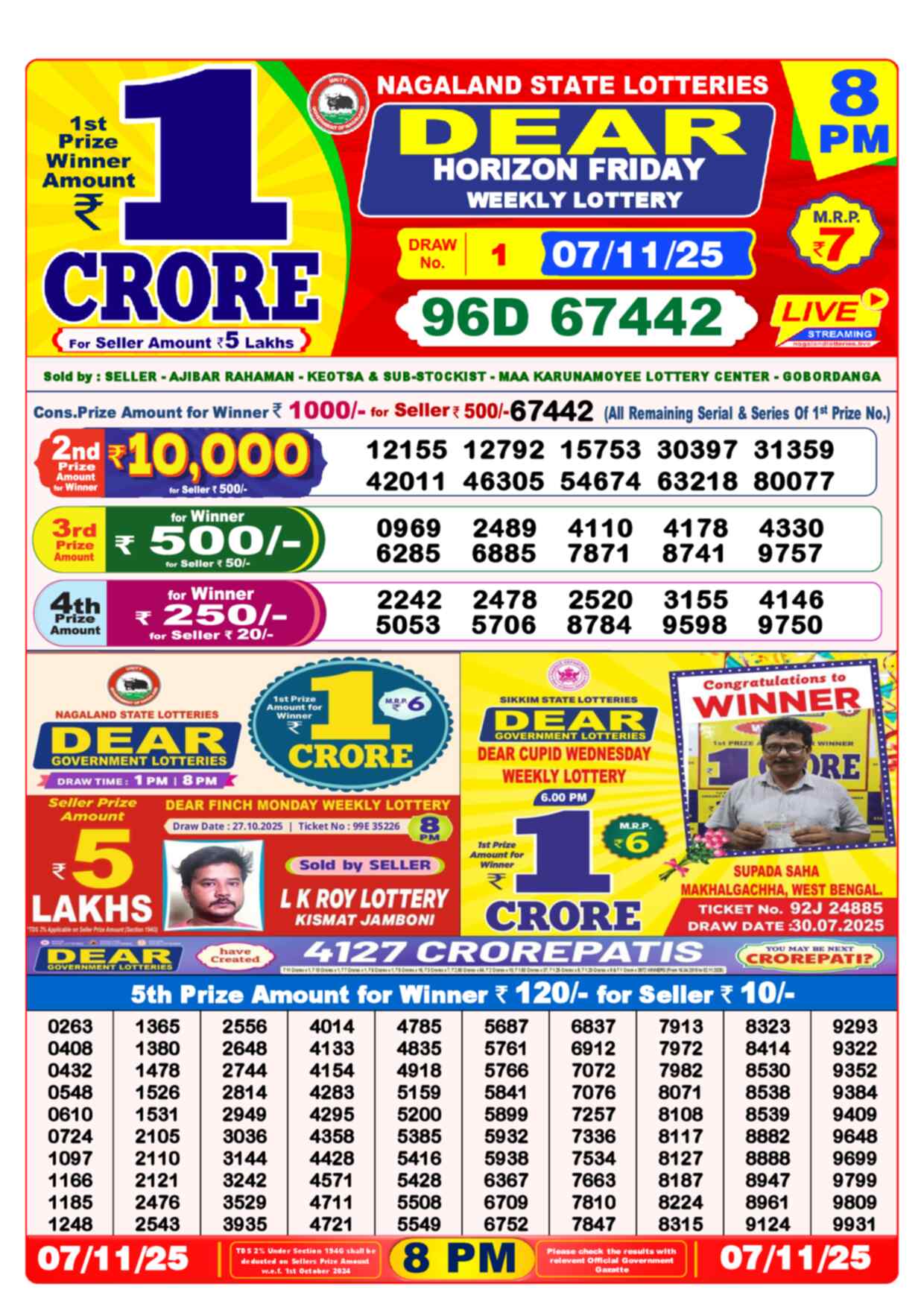 Lottery Sambad 07.11.25 Dear Lottery 8 PM November 07, 2025