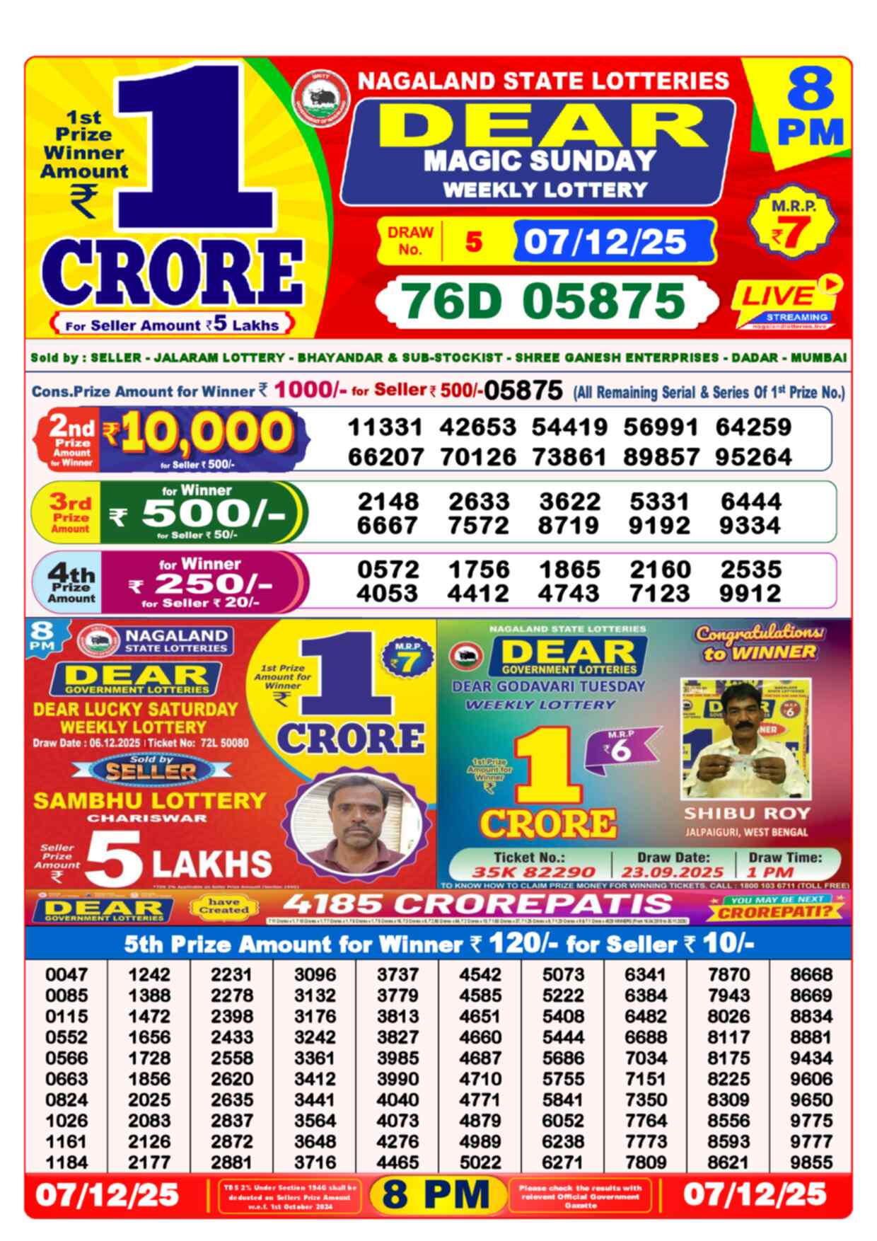 Lottery Sambad 07.12.25 Dear Lottery 8 PM December 07, 2025