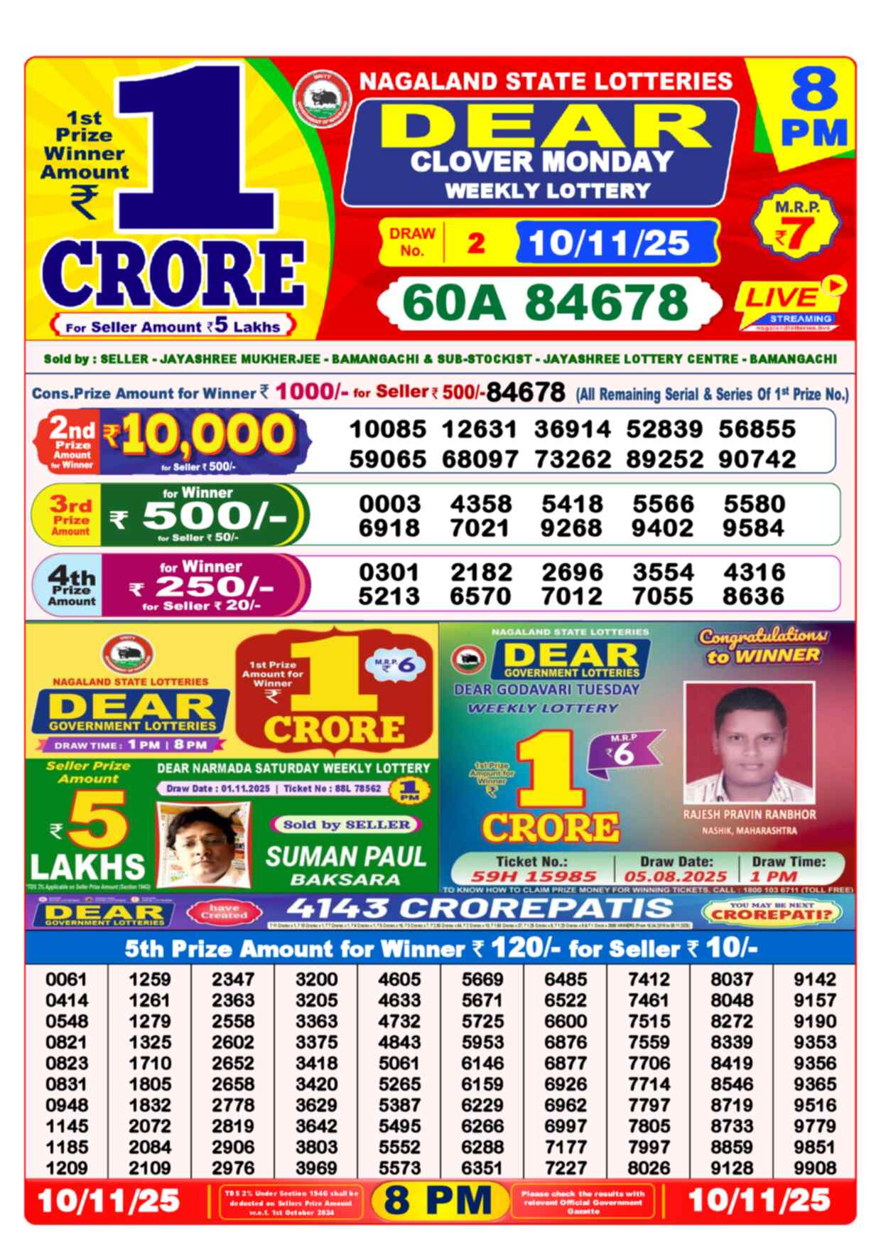 Dear Lottery Yesterday Sambad Result 8:00 PM 10 November 2025