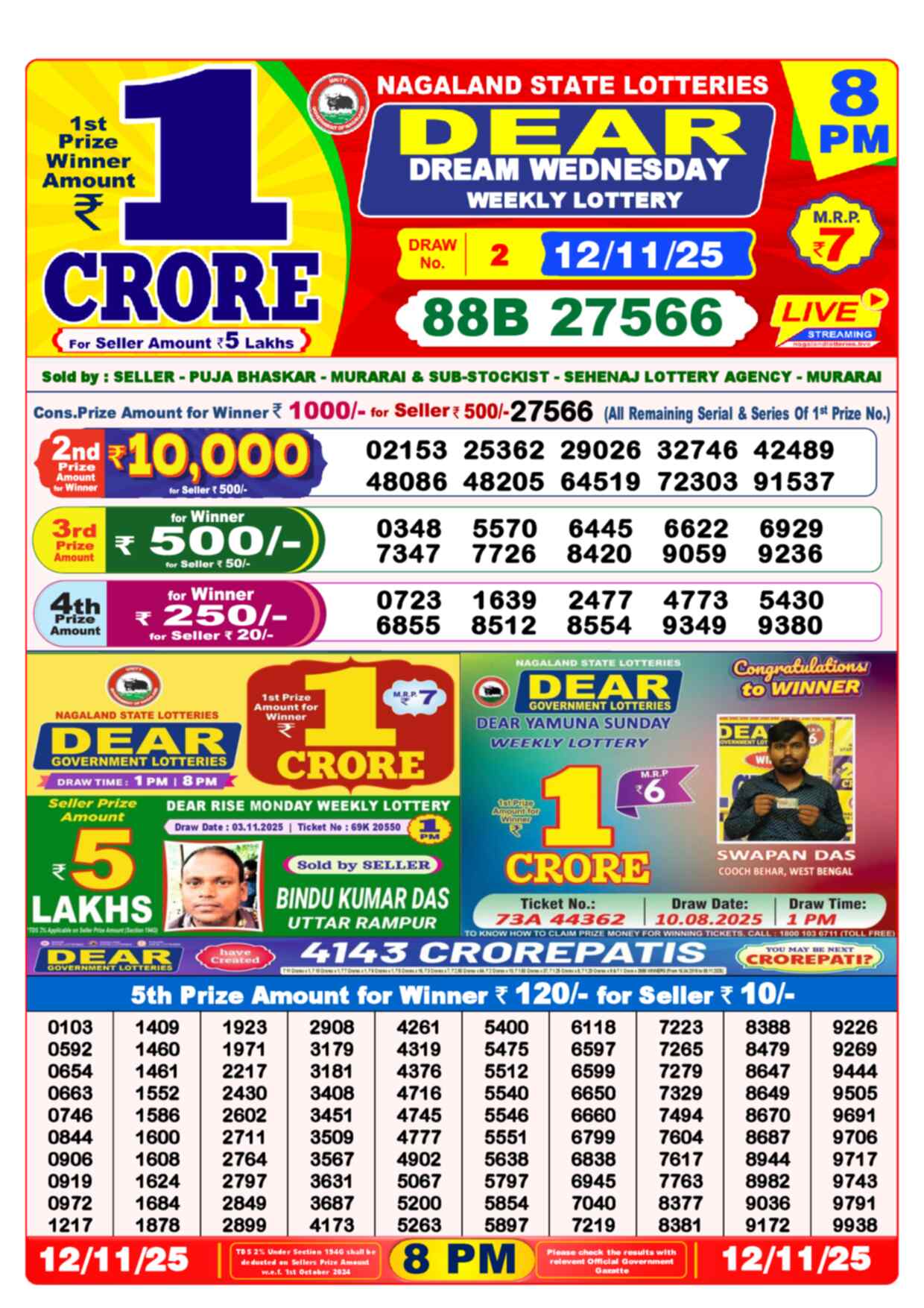 Dear Lottery Sambad Result 8:00 PM Yesterday 12 November 2025