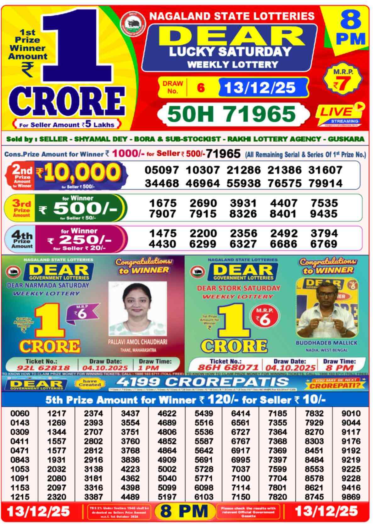 Dear Lottery Yesterday Sambad Result 8:00 PM 13 December 2025