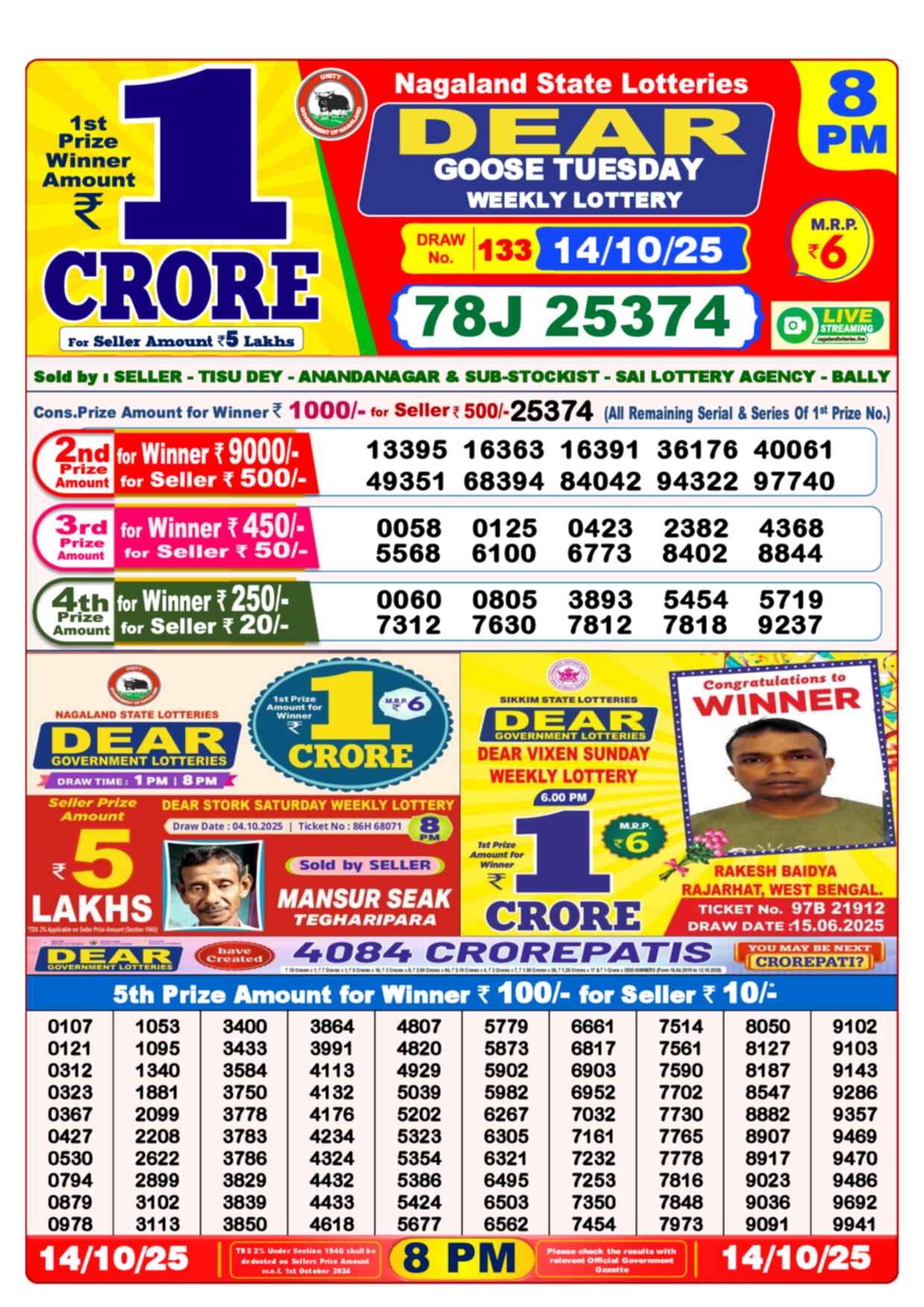 Lottery Sambad 14.10.25 Dear Lottery 8 PM October 14, 2025