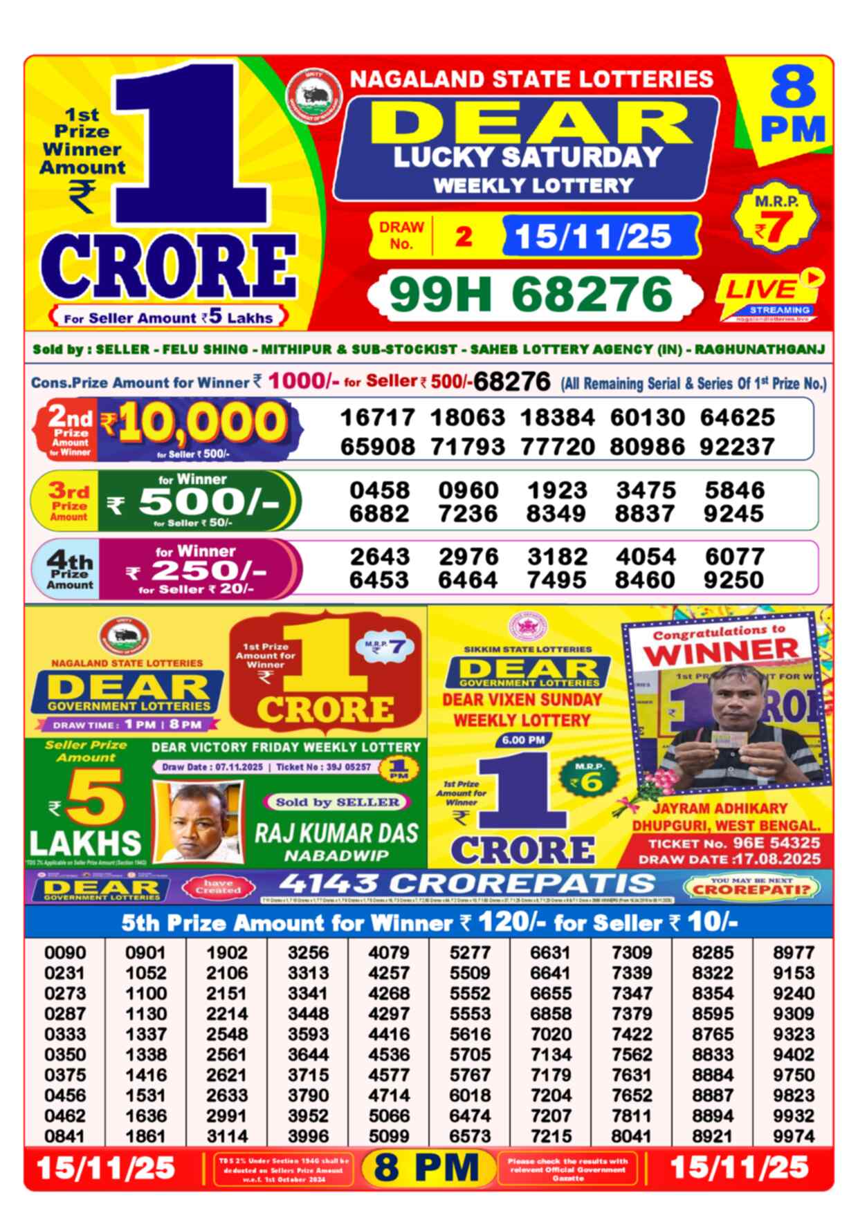 Lottery Sambad 15.11.25 Dear Lottery 8 PM November 15, 2025