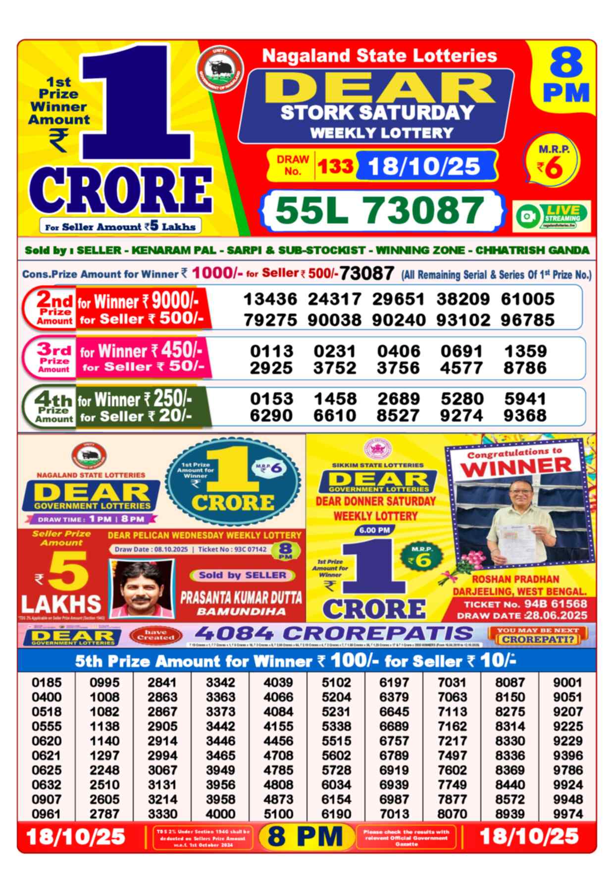 Lottery Sambad 18.10.25 Dear Lottery 8 PM October 18, 2025