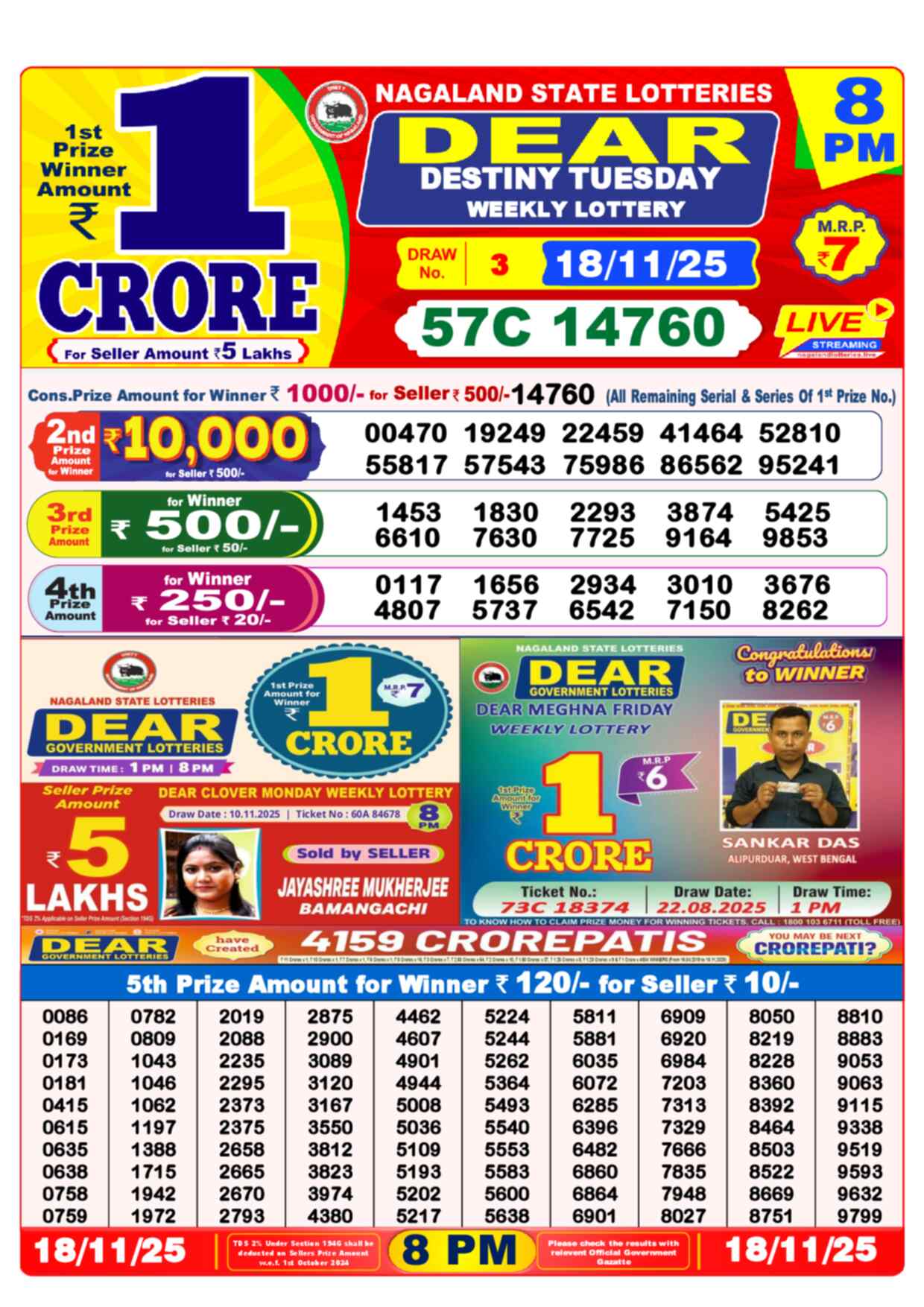 Lottery Sambad 18.11.25 Dear Lottery 8 PM November 18, 2025