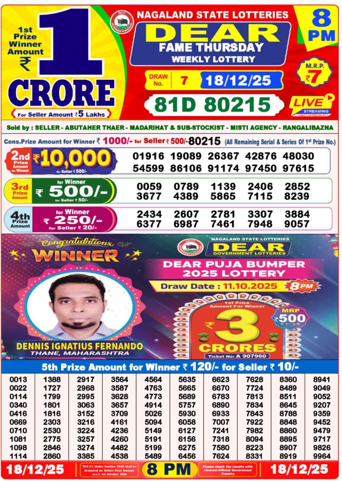 Lottery Sambad 18.12.25 Dear Lottery 8 PM December 18, 2025