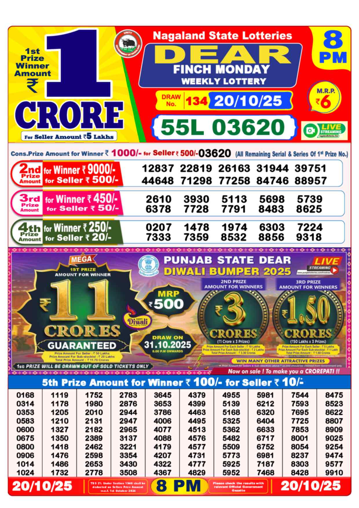 Lottery Sambad 20.10.25 Dear Lottery 8 PM October 20, 2025